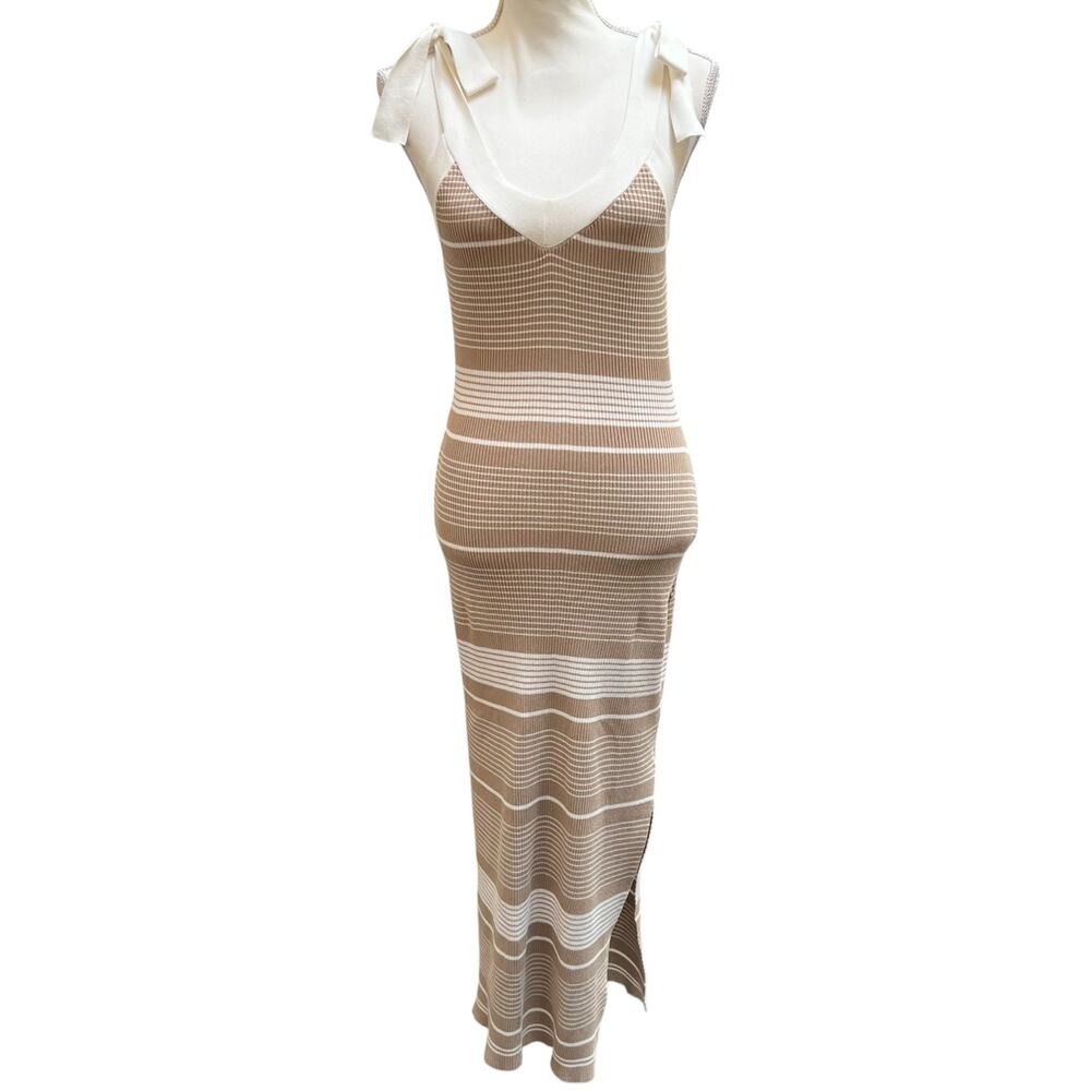 Mable Women’s M Beige White Stripe Knit Maxi Dress Tie Shoulder EUC